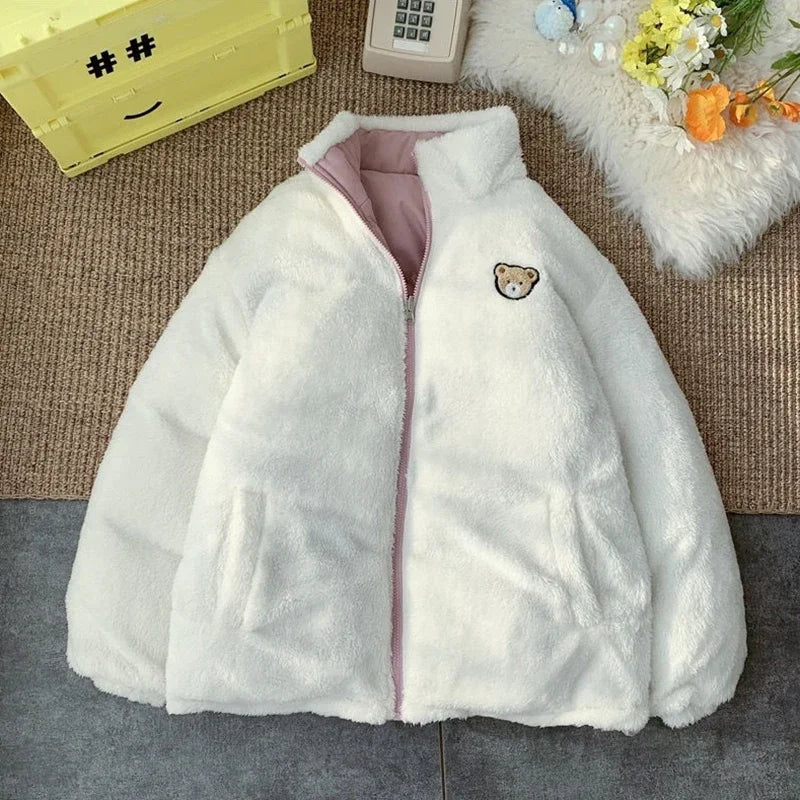 JMPRS Cute Embroidery Parkas Coat Women Winter Korean Fashion Thick Loose Warm Jacket Double Sided Design Pink Student Clothes