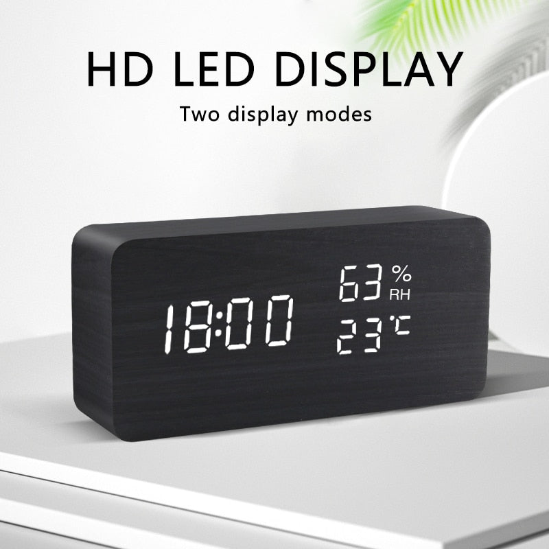 Alarm Clock LED Wooden Watch Table Voice Control