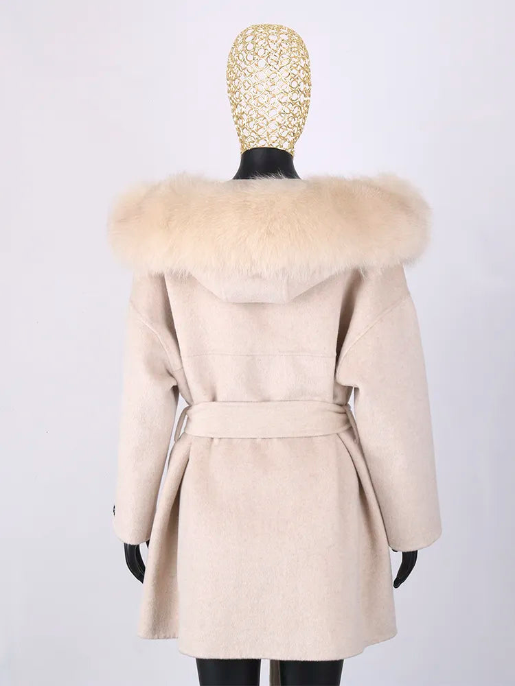 FURYOUME New Cashmere Wool Coat Real Fox Fur Collar Jacket Winter Long Fashion Loose Outerwear Wool Casaco For Women With Belt